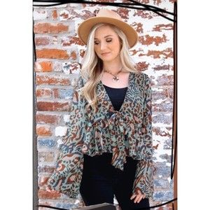 Womens Boutique Cheetah Camo Green Tie Top